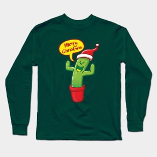 Mischievous green cactus wearing Santa hat and celebrating Christmas with great joy! Long Sleeve T-Shirt